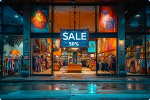 Spacious boutique with colorful sale banners