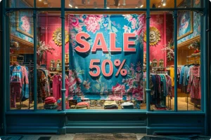 Floral backdrop with prominent sale banner in boutique window