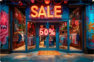 Storefront with vivid orange SALE and discount signs