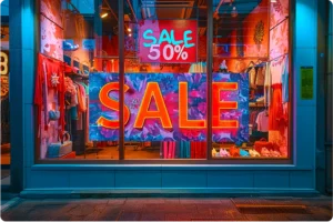 Vibrant neon SALE sign in store window